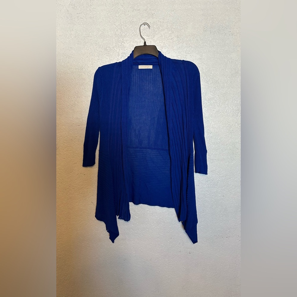 Women's Cardigan Blue Acrylic Ribbed Knit Open-Front 3/4 Sleeve Size M